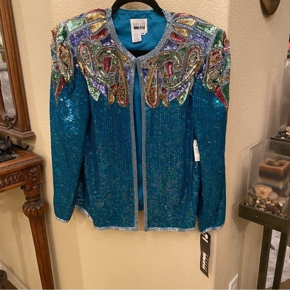 NWT~Vintage LESLIE FAY Women Silk Evening Sequin Embellished Party Jacket-Medium - Picture 1 of 8